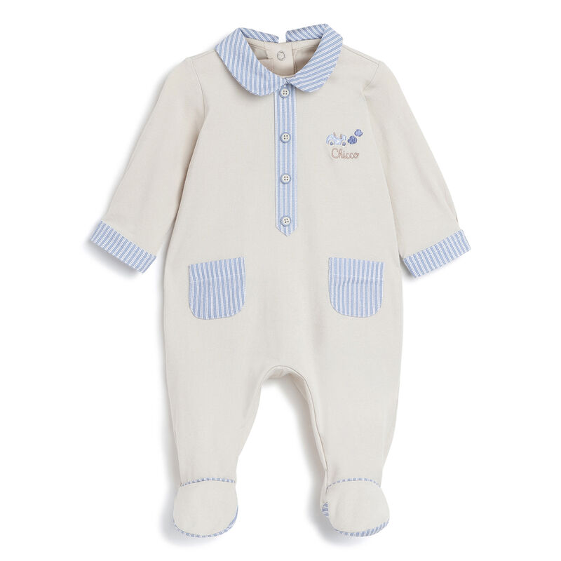 Boys Medium Natural Checked Nappy Opening Babysuit image number 0